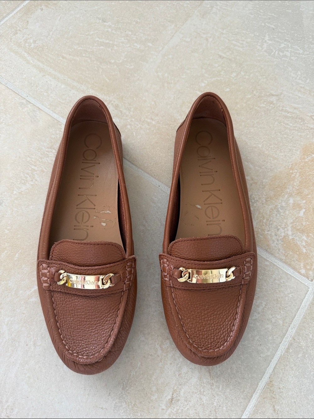 Calvin Klein Women's Brown Leather Loafers with Gold-Tone Accent